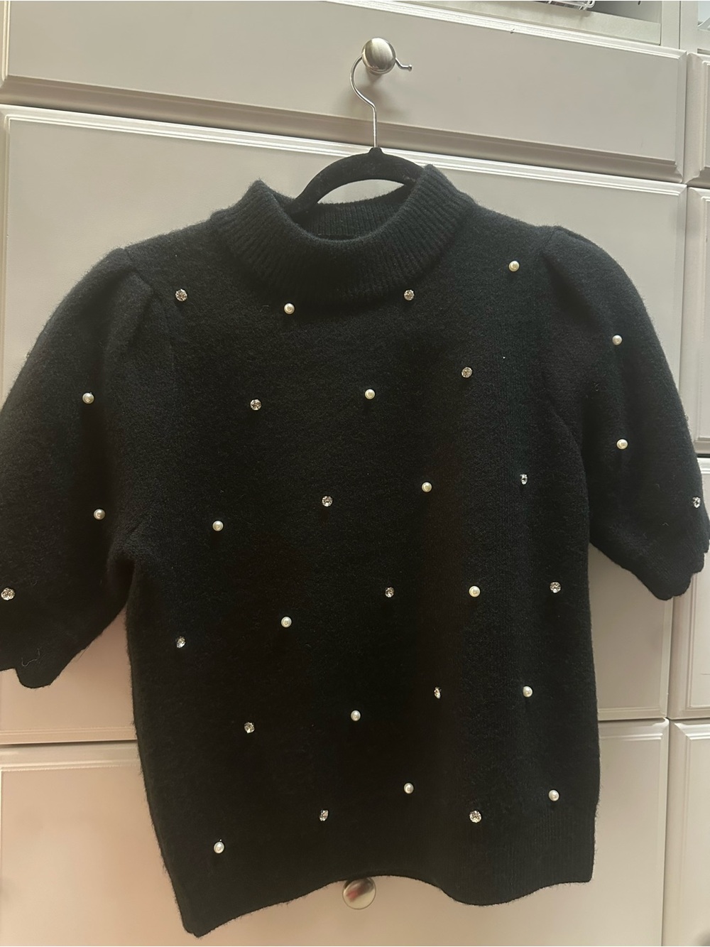 Black Pearl-Embellished Short-Sleeve Sweater